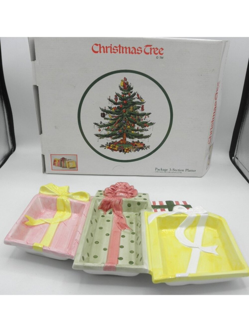 RCPC Ceramic 3-Section Christmas Present Gift Box Serving Tray w/Spode Box